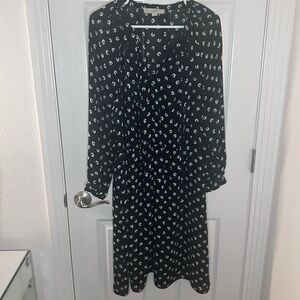 LOFT Navy Blue Aqua Floral Long Sleeve Tie-Neck Dress Size 14